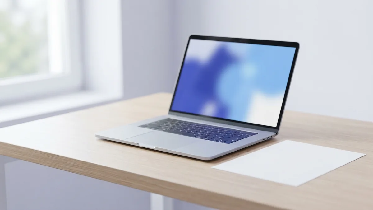 Laptop and blank document arranged for uploading and sharing a PDF