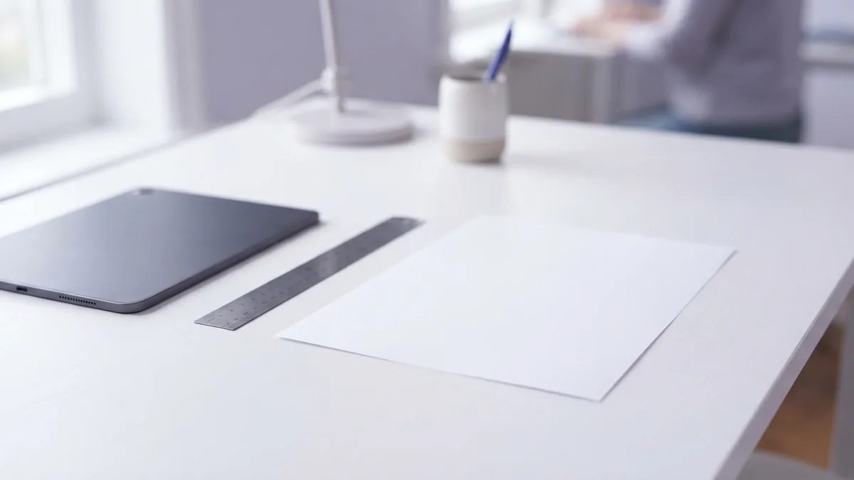 Checking page margins Blank document beside a ruler for checking page edges and PDF margins
