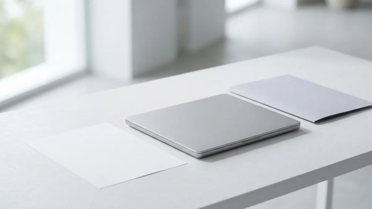 A simple workspace for digital documents Laptop and blank paper on a bright desk, suggesting the history of digital documents