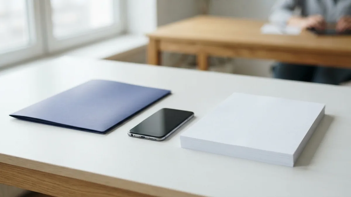 Blank papers, phone, and folder arranged for everyday document sharing