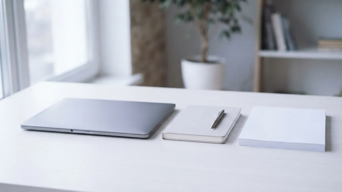Laptop and blank papers arranged for safe PDF password recovery at a tidy desk