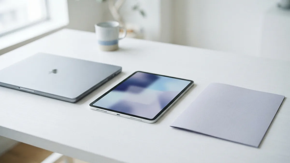 Tablet, closed laptop, and plain folder arranged to suggest careful online PDF handling