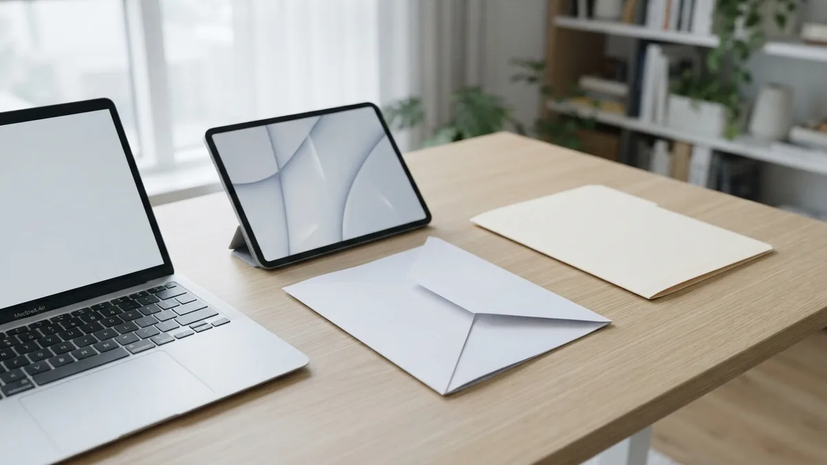 Common PDF reader devices Laptop and tablet beside blank folders for opening PDF documents