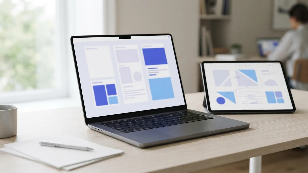 Laptop and tablet set up to read PDF pages in a book-style view