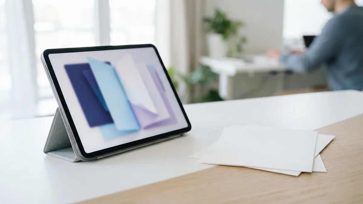 Tablet displaying abstract page shapes beside blank sheets for a digital flipbook