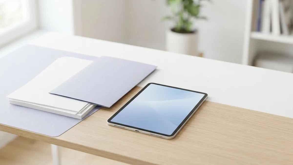 Reviewing a redacted PDF Blank papers and tablet arranged for careful PDF redaction review