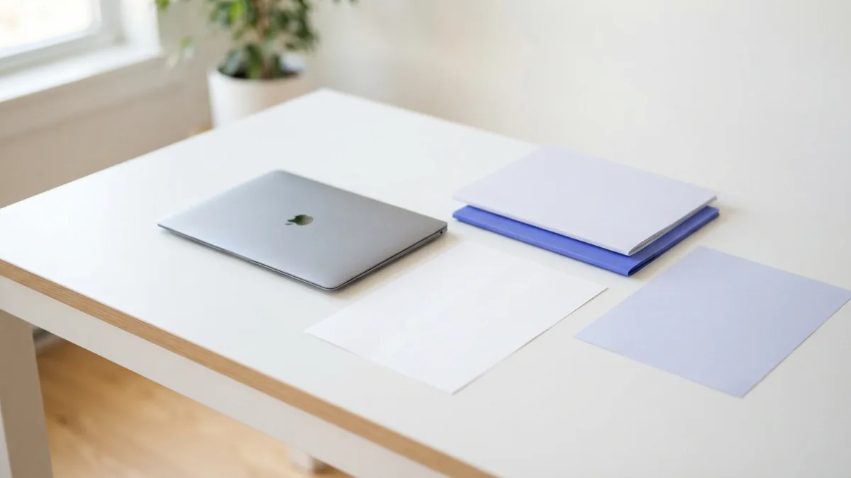 Checking PDF privacy risks Blank paper and folders beside a laptop during PDF privacy checks