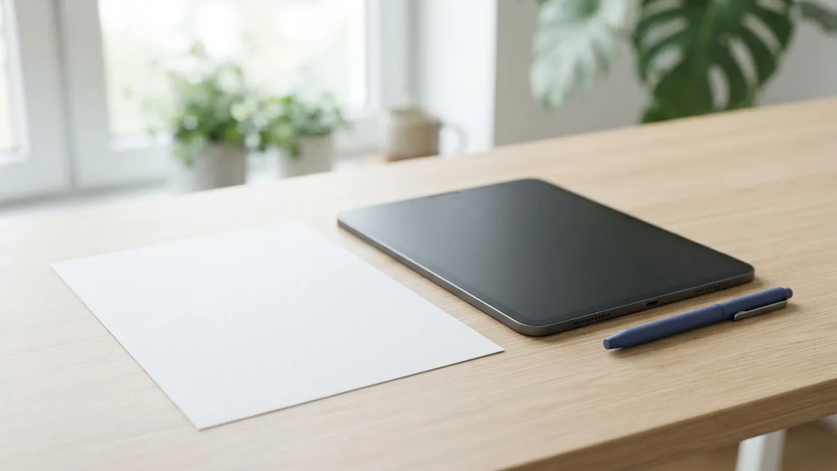 Blank paper and tablet placed side by side to compare paper and electronic signing