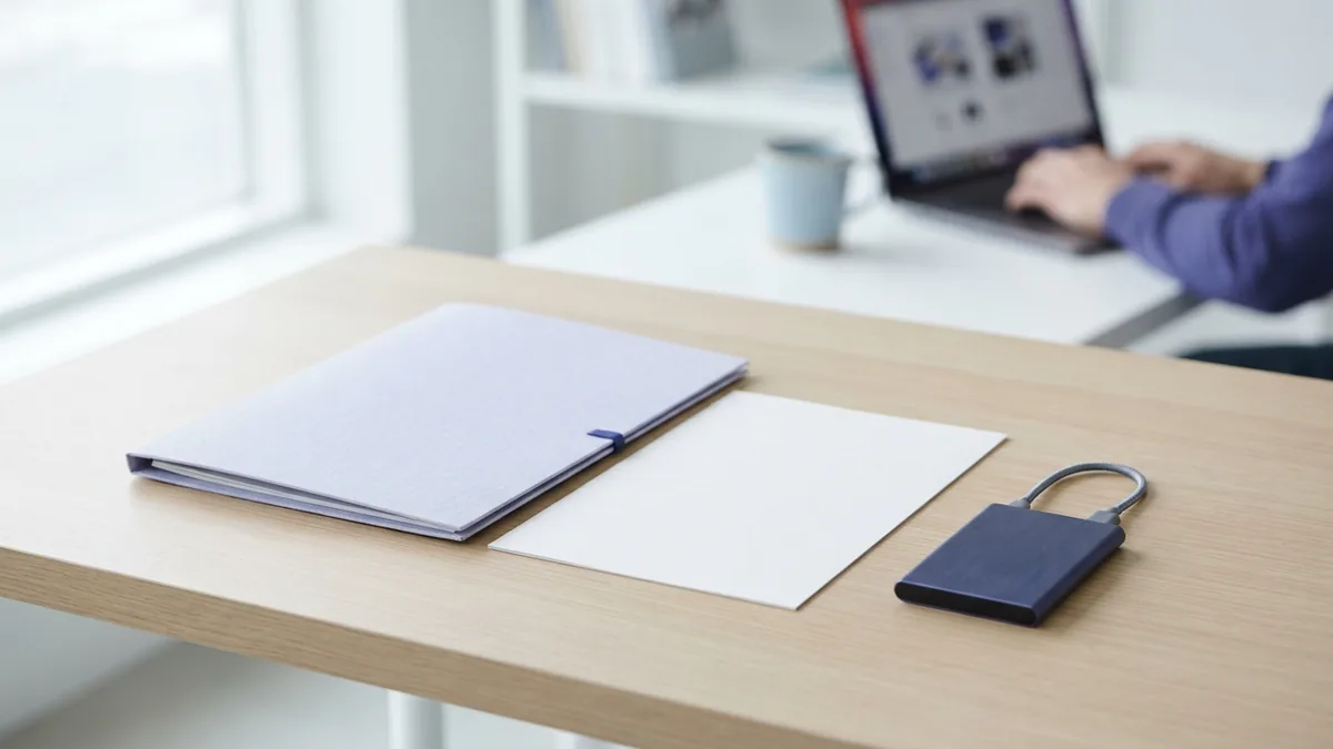 Securely keeping a signed PDF record Blank signed-document folder and storage drive arranged on a tidy pale desk