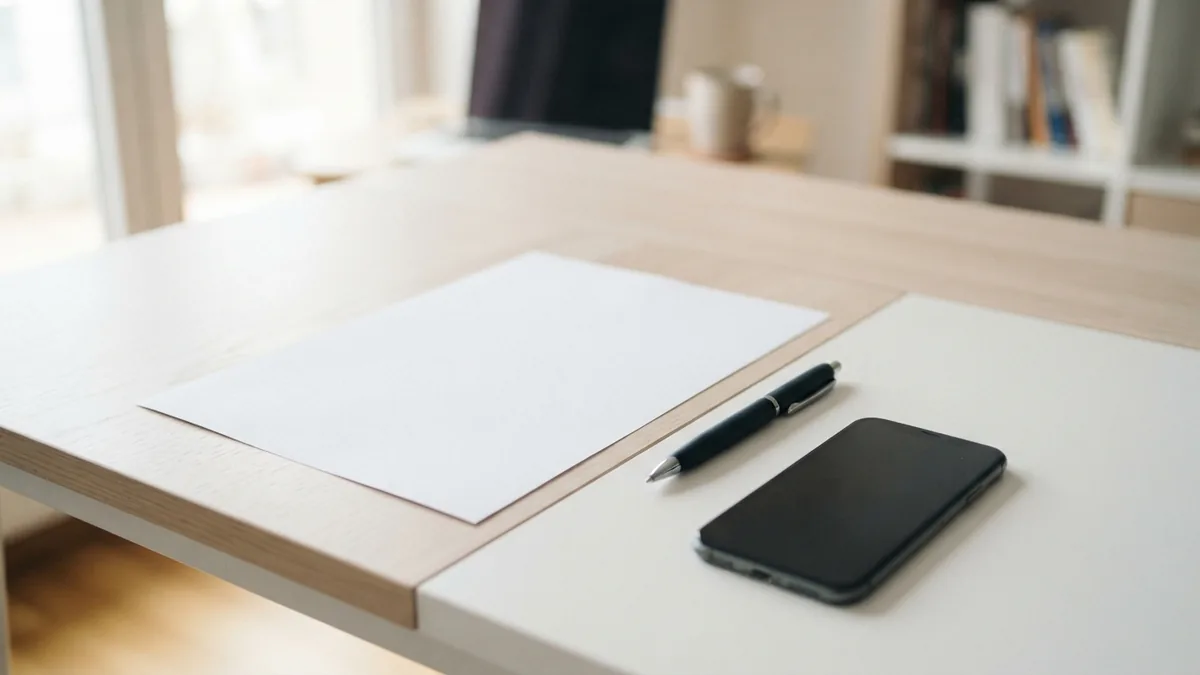 Pen, blank paper, and phone arranged for creating a signature image