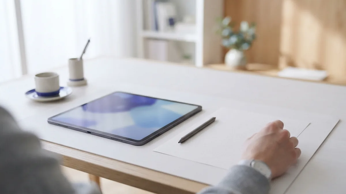Adding a signature to a PDF Tablet and stylus beside a blank document during the PDF signing process