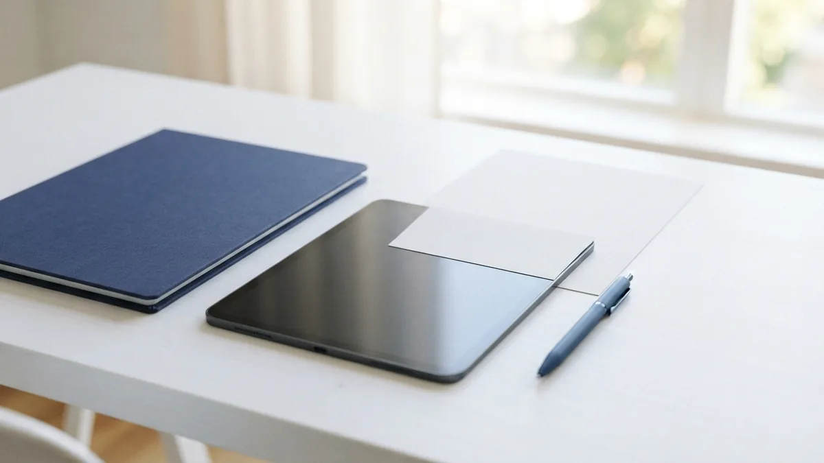Keeping signed PDF files organized Folder, tablet, and blank document arranged for careful PDF file handling