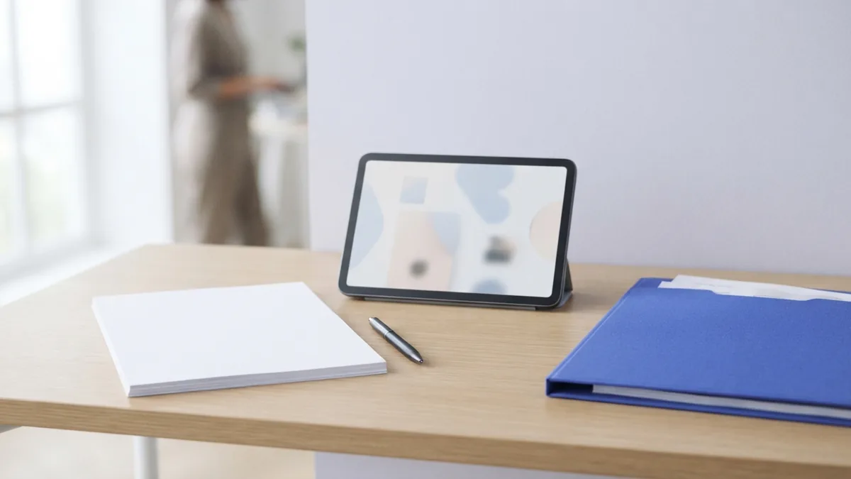 Planning a reusable PDF form Blank template papers and digital device arranged for planning a reusable PDF form