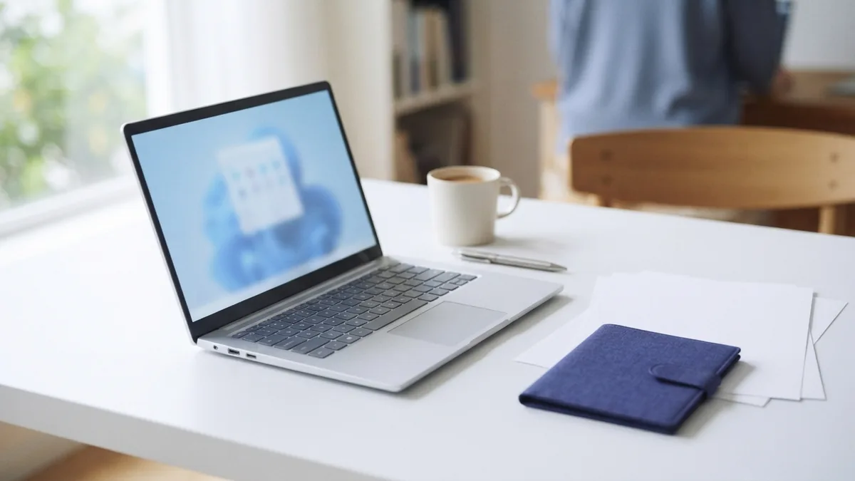 Laptop and blank documents arranged for building a fillable PDF template
