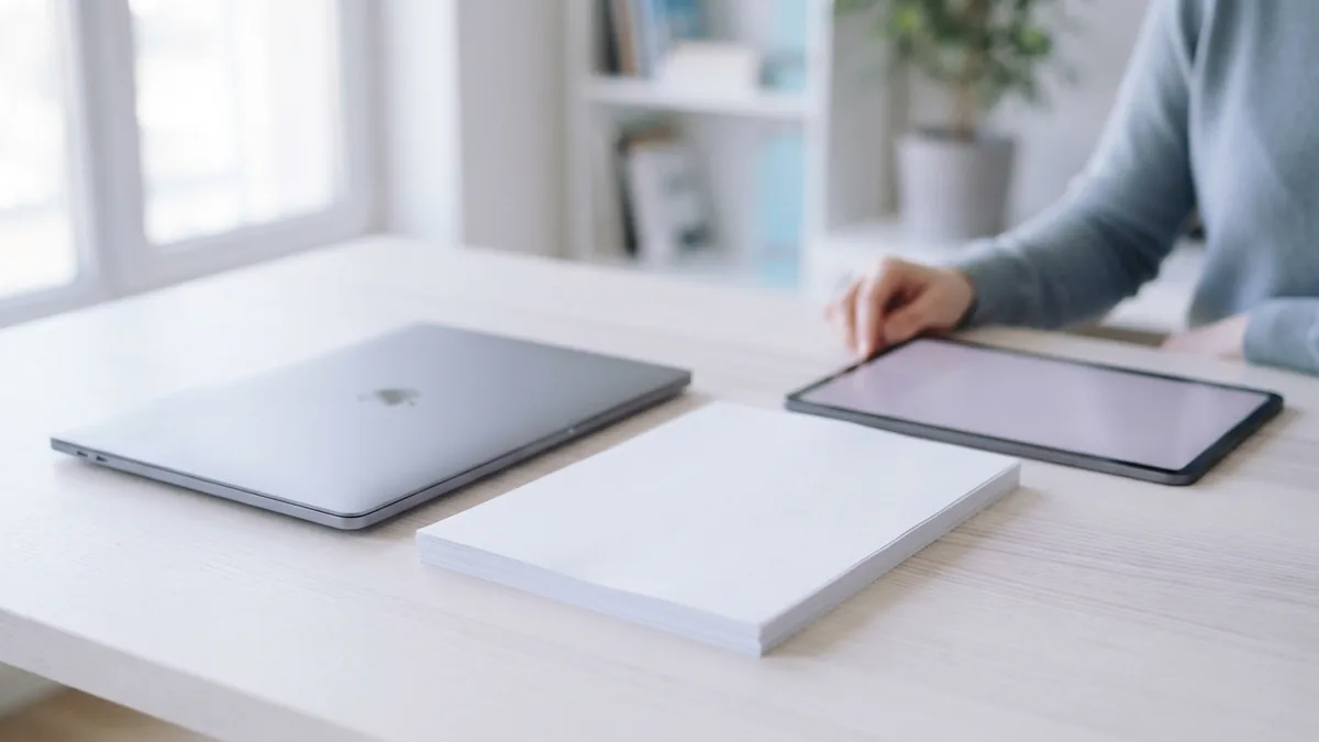 Laptop, tablet, and blank pages arranged for choosing a book layout workflow