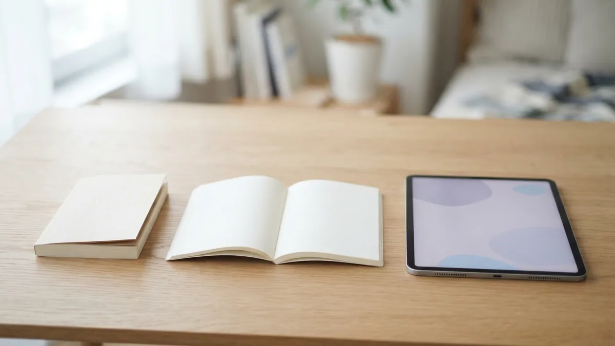 Setting up book page format Blank book pages and tablet arranged beside an open notebook during PDF book setup