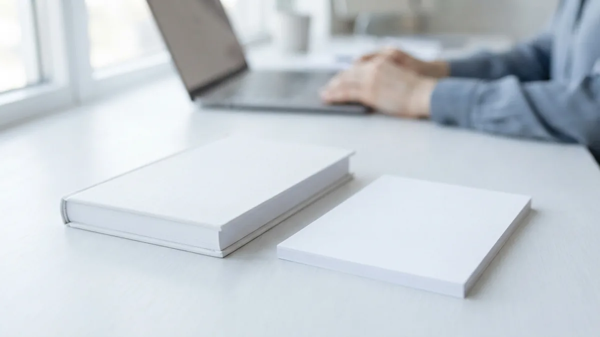 Plain blank-cover book and paper showing a simple book layout and cover planning scene