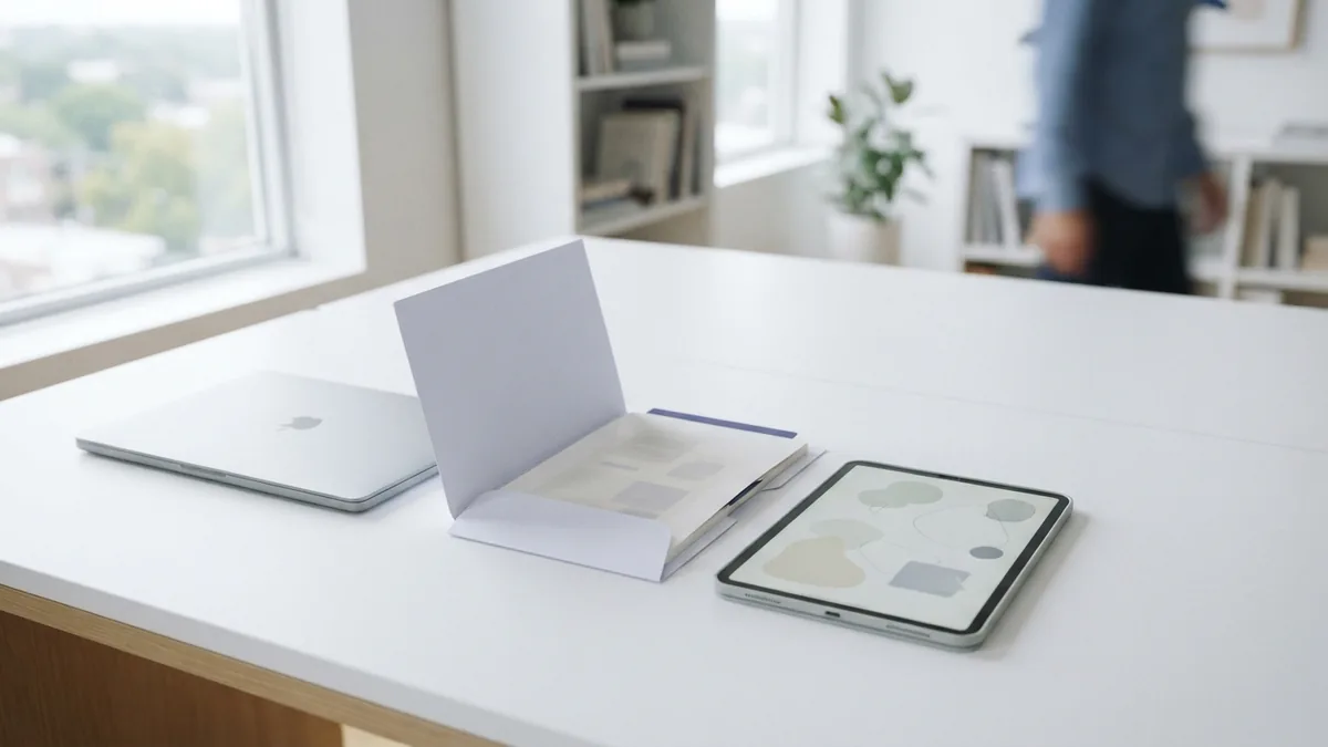 Laptop and folders arranged for an organized PDF conversion workflow