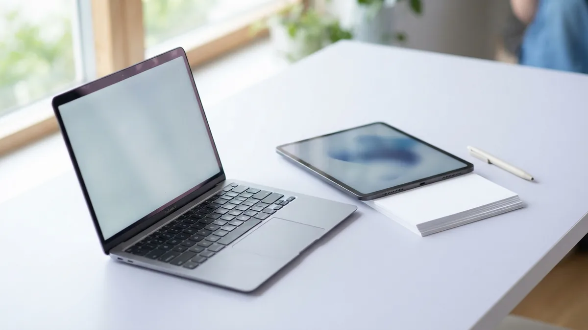 Simple workspace for free file conversion Laptop and tablet beside blank papers on a bright lavender work surface