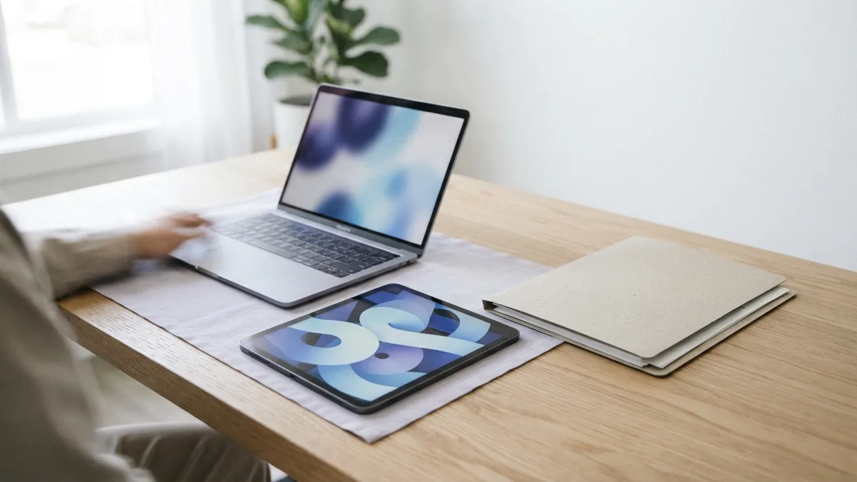 Laptop, tablet, and folder arranged for desktop file processing