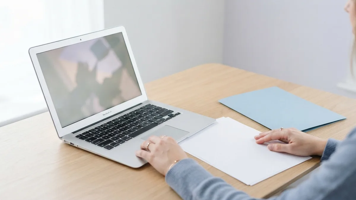 Laptop and blank document beside a blue folder for data checking