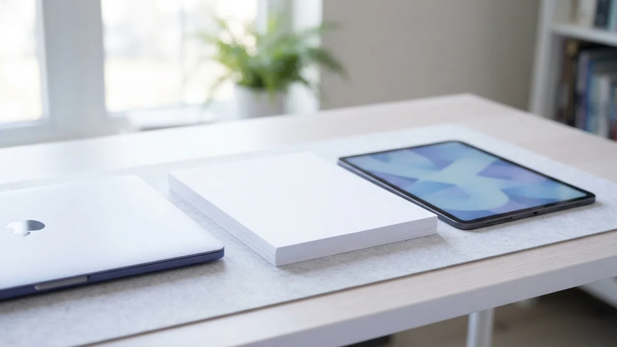 Tablet, laptop, and blank sheets representing browser-based PDF conversion