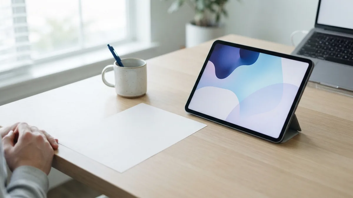 Blank paper beside a tablet with abstract shapes on a bright desk