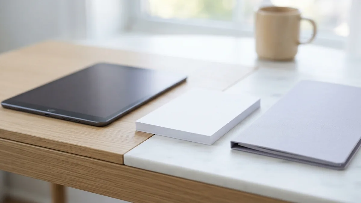 Tablet, blank sheets, and folder arranged for a file conversion task