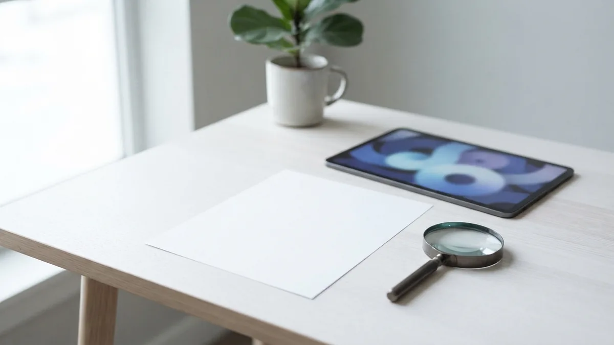 Blank page and magnifying glass beside a tablet on a bright desk