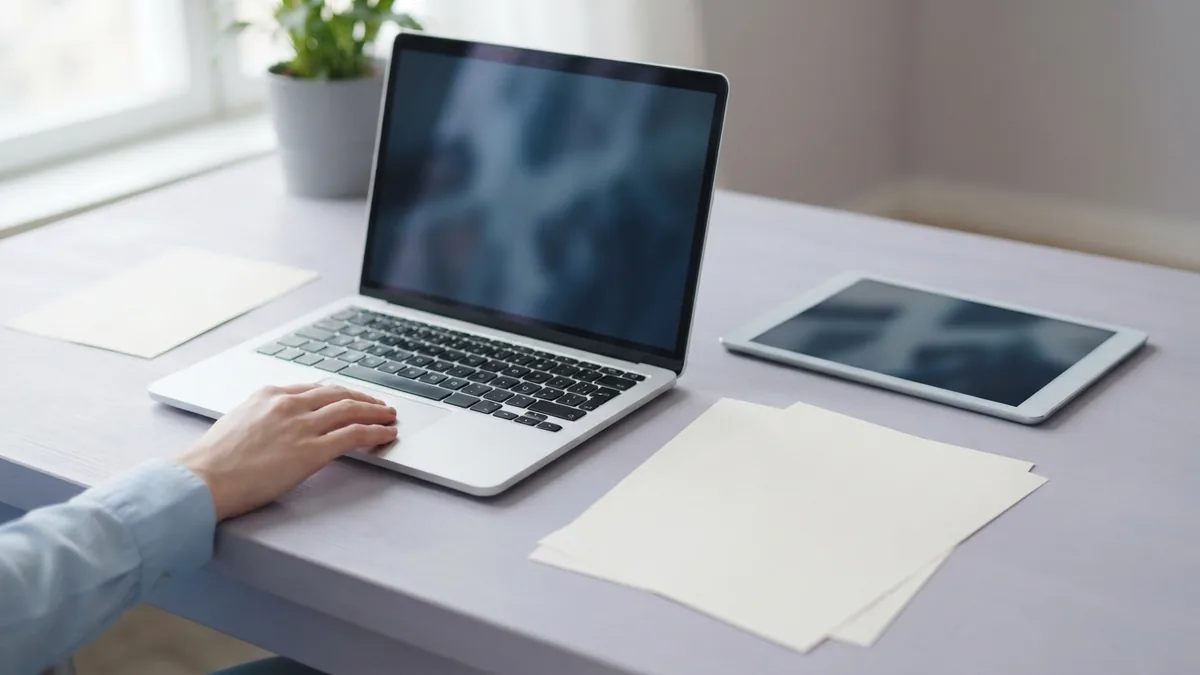 Tools for choosing a conversion method Laptop, tablet, and blank pages arranged for choosing a PDF conversion method