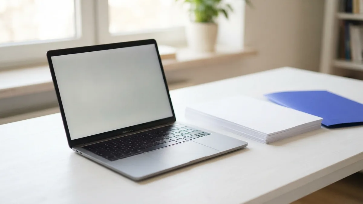 Laptop beside blank pages and folder for online PDF to JPG conversion
