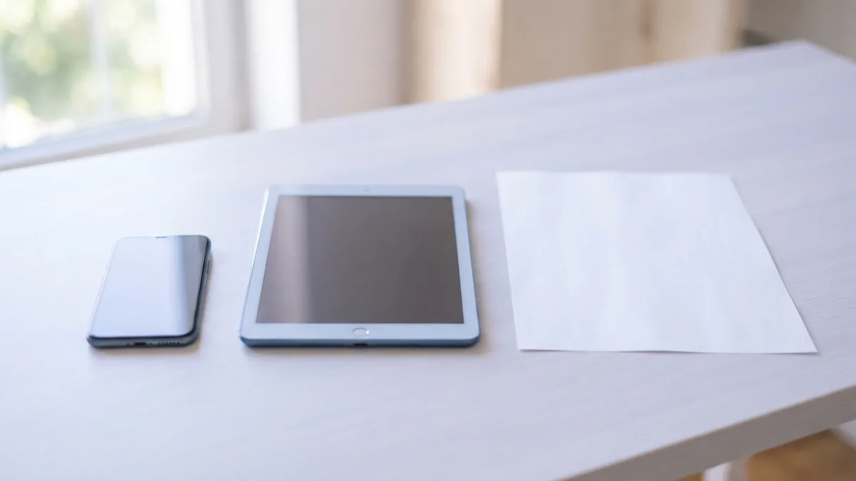 Mobile PDF conversion setup Smartphone, tablet, and blank paper showing a mobile PDF conversion setup