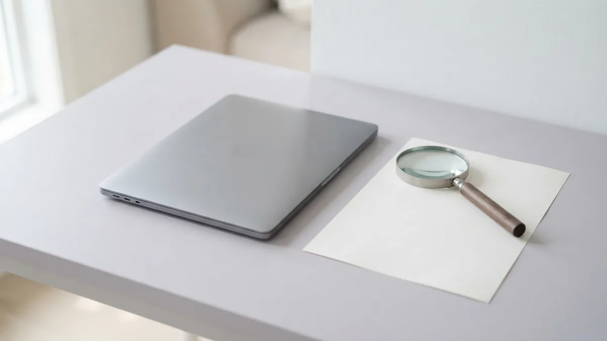 Magnifying glass and blank paper beside laptop for checking image quality