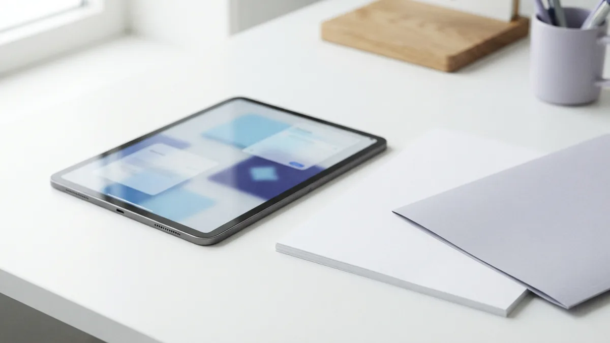 Documents ready for slide editing Blank documents beside a tablet, ready to be edited into a PowerPoint presentation
