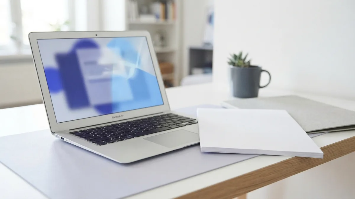 Laptop and blank PDF pages set out for converting a document into slides