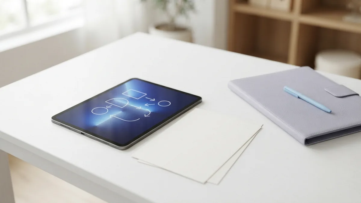 Tablet and blank papers on a bright desk for an online PDF to PPT task
