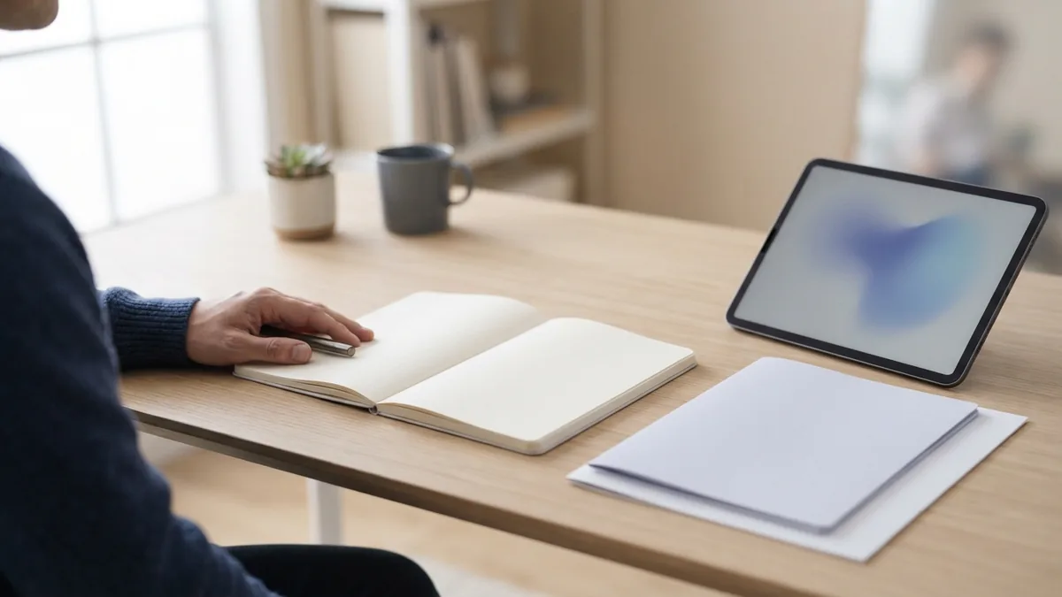 A tablet and blank notebook on a study desk suggest preparing a document for a presentation