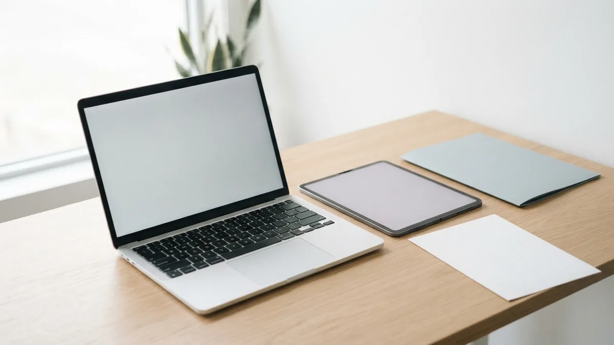 Building slides across devices A tablet and laptop with blank screens set up for creating a shared slide deck