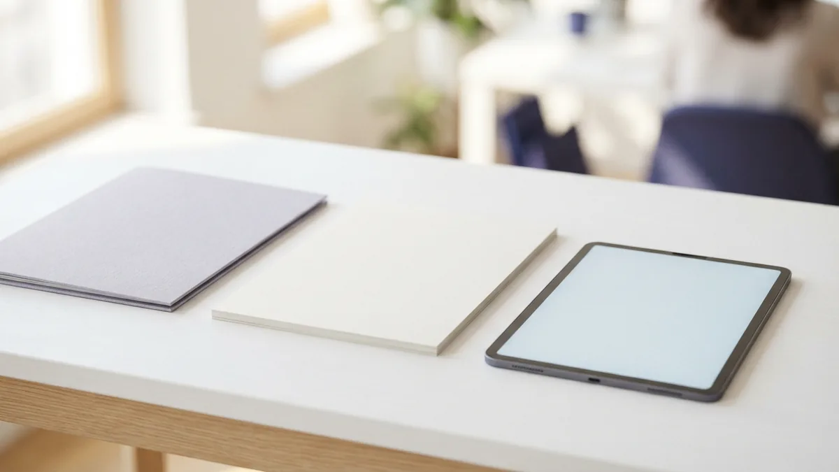 Tools for working with PDF files Tablet and blank documents arranged neatly for desktop PDF editing