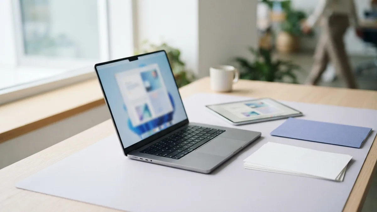Laptop and blank papers arranged beside a folder for online document conversion