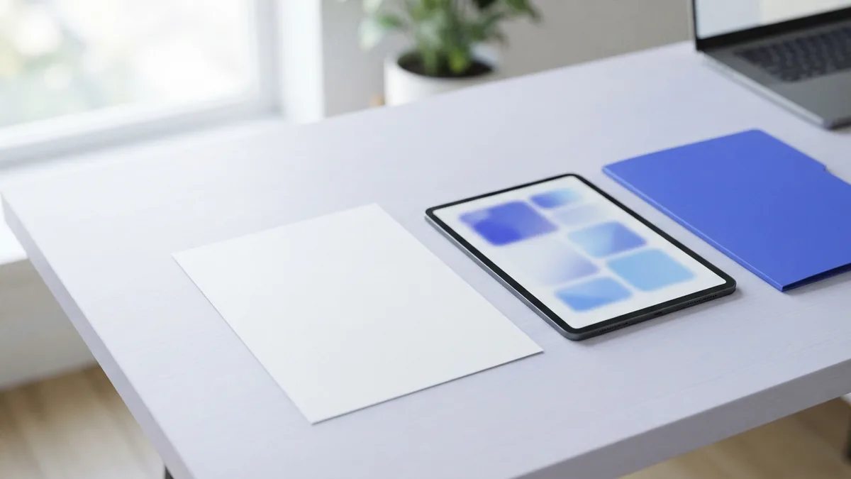 Blank sheet, tablet, and blue folder arranged for checking document format issues