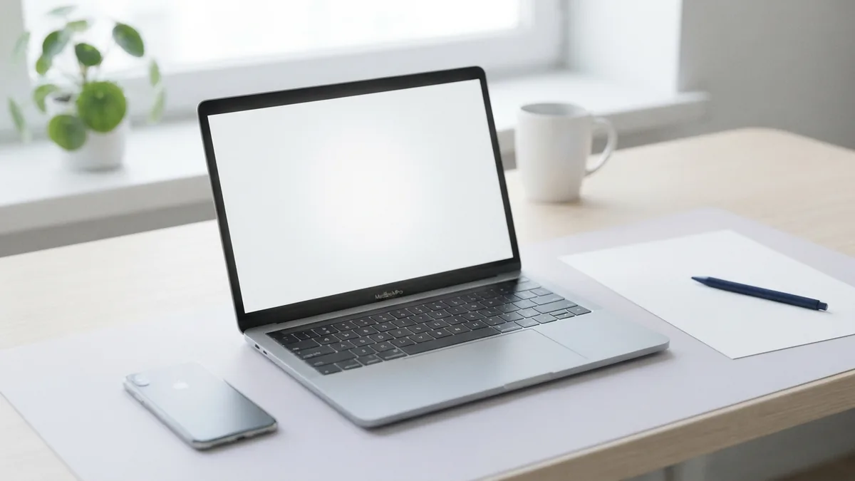 Laptop and blank document on a bright desk for online PDF conversion