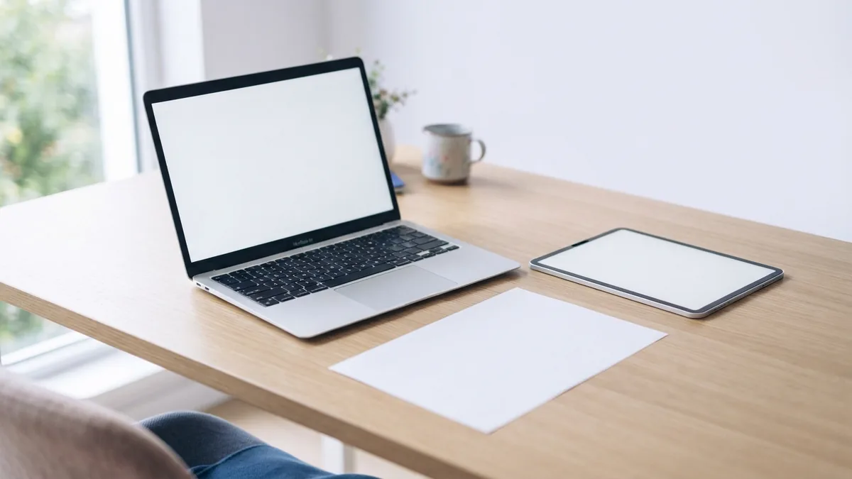 Choose a device and conversion tool Laptop and tablet beside blank paper on a pale desk for PDF conversion