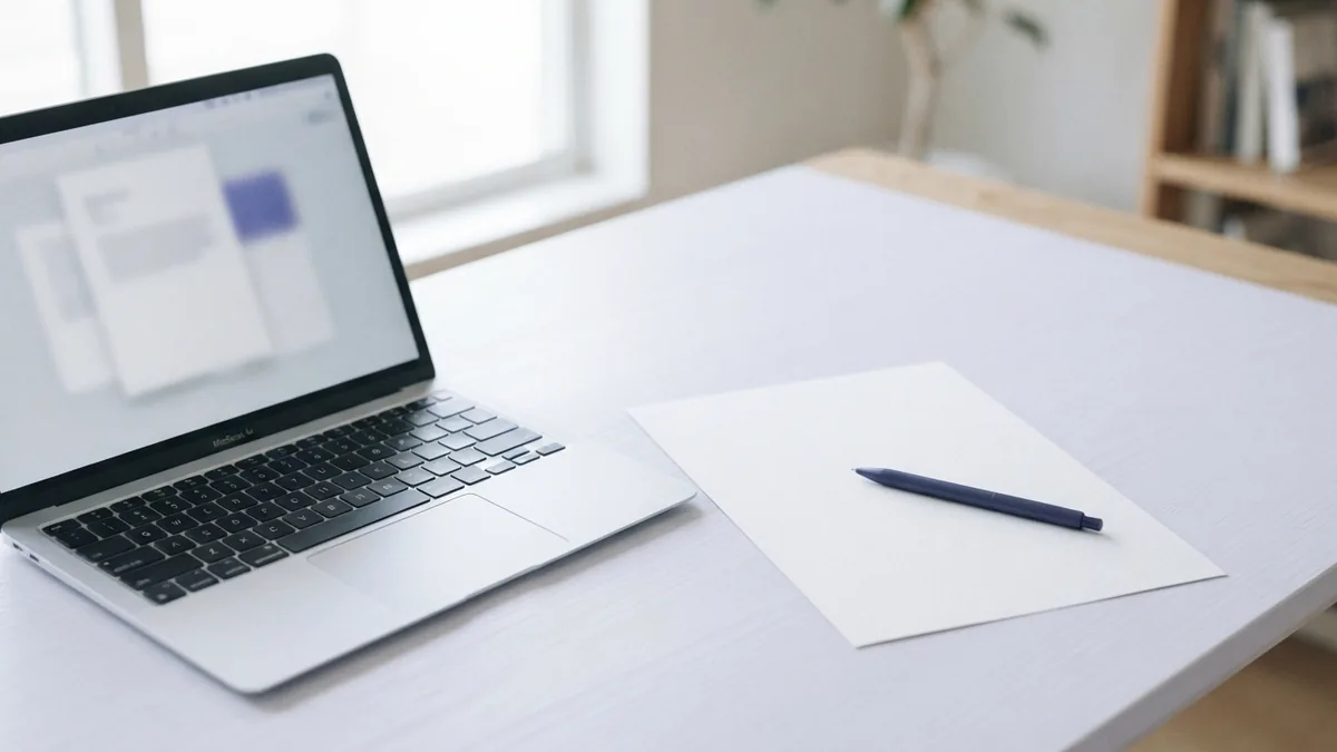 Review the converted document Laptop and blank paper on a desk for checking a converted document