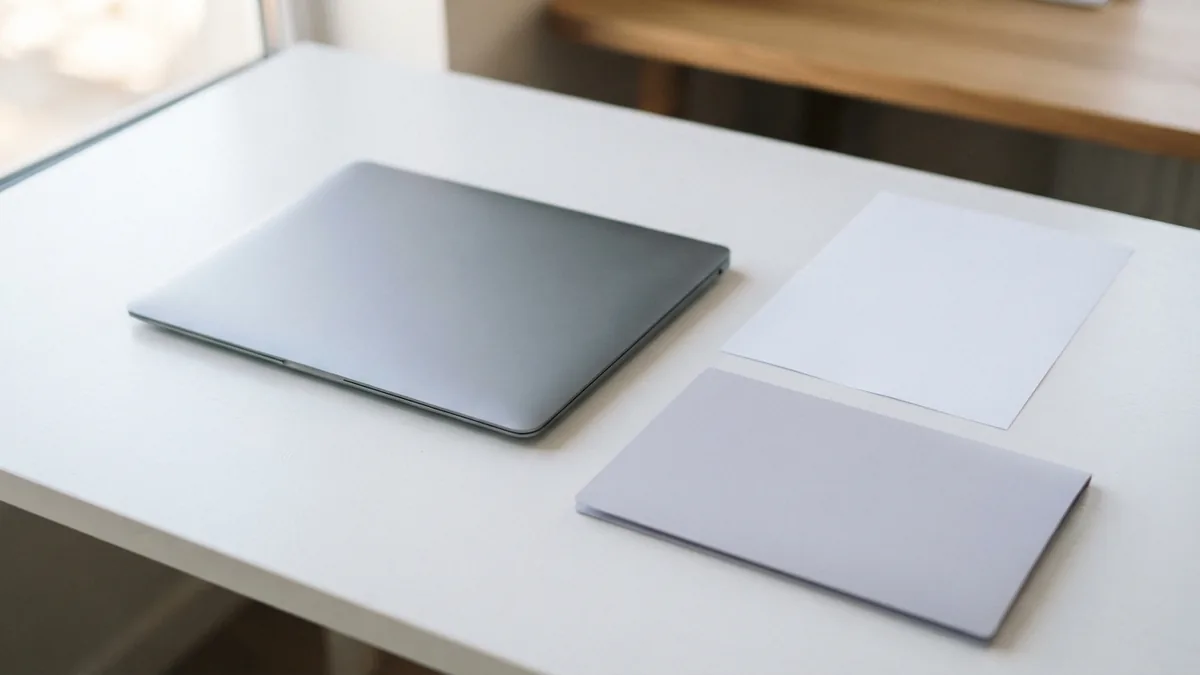 Laptop beside blank paper and a folder for copying basic PDF text into a Word file
