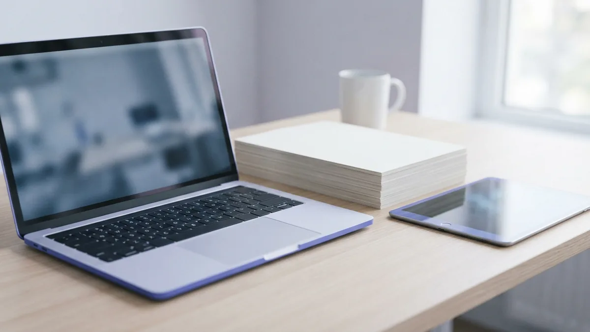 Keeping a PDF layout in place Laptop, tablet, and blank pages arranged for careful PDF layout conversion