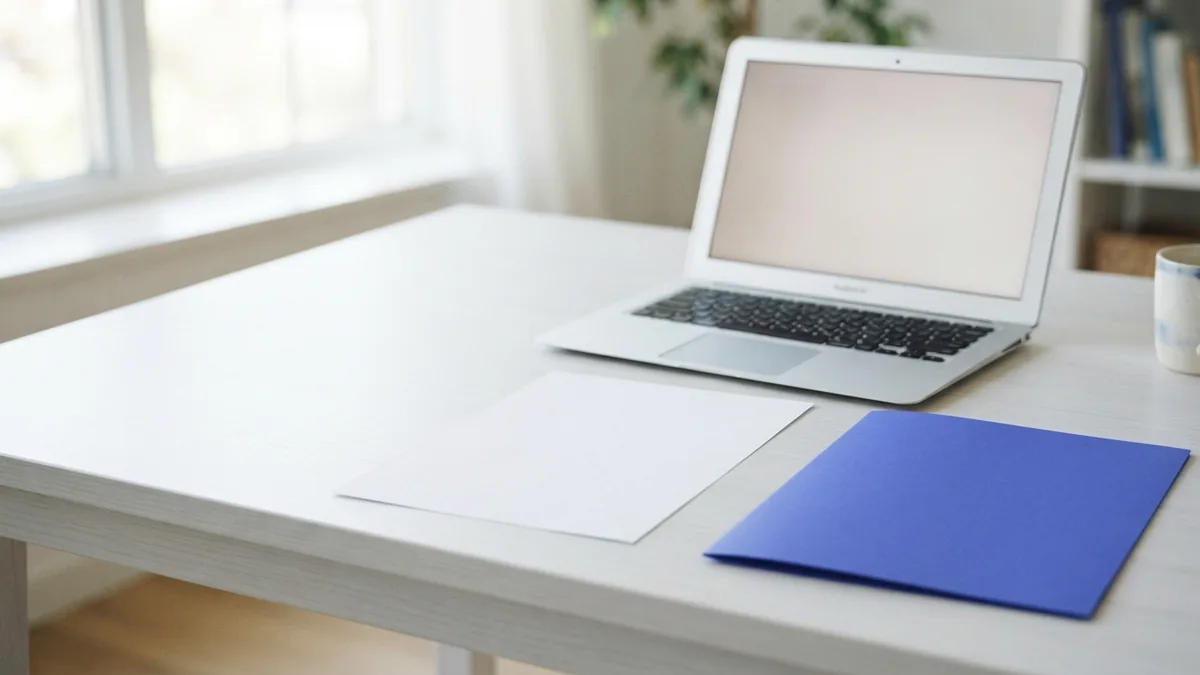 A neat workspace for making a PDF Laptop and blank paper on a desk for creating a document file