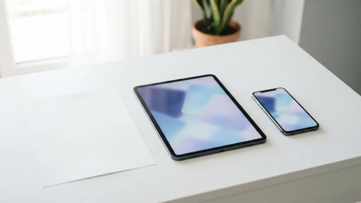 Tablet and phone beside a blank page for viewing documents