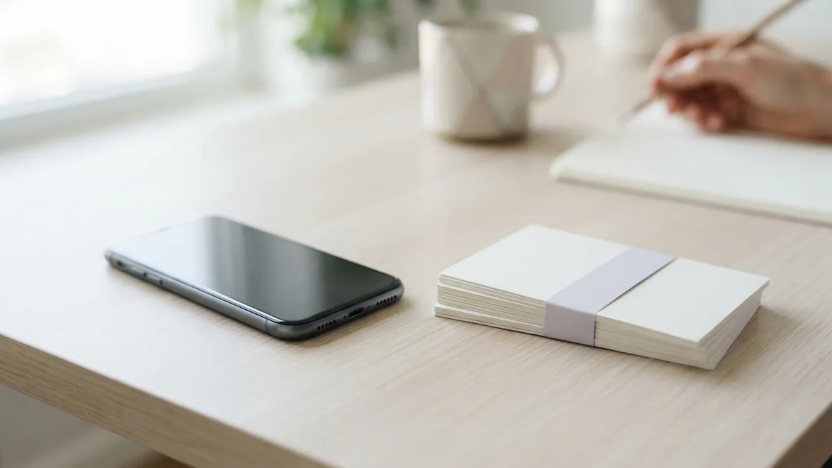 Smartphone beside blank picture prints on a clean desk
