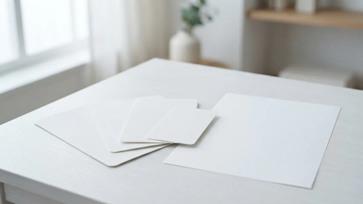 Blank photo prints in different sizes beside a clean sheet of paper